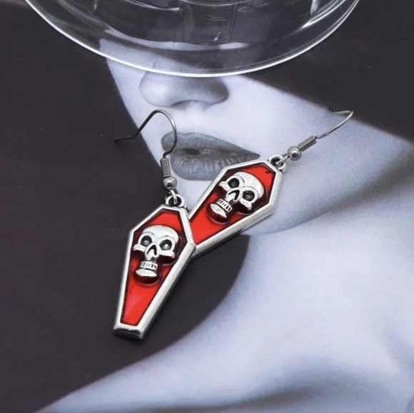 NEW Hot Topic Red & Silver Coffin Gothic Style Dangle Drop Earrings w/ Skulls - Picture 4 of 4